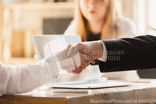 Image of Close up of caucasian human hands, shaking, working in office, business, people