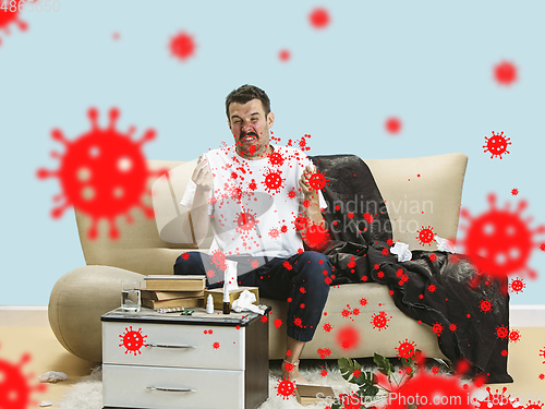 Image of Caucasian man sneezing, illustration of virus spreading, stop epidemic of coronavirus