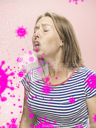 Image of Caucasian woman sneezing, illustration of virus spreading, stop epidemic of coronavirus