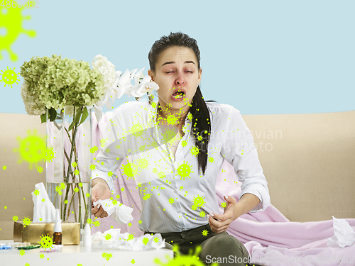 Image of Caucasian woman sneezing, illustration of virus spreading, stop epidemic of coronavirus