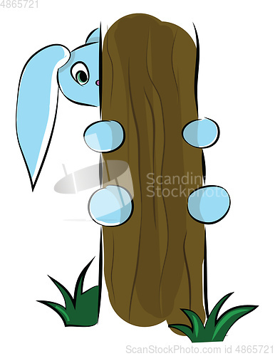 Image of A cute blue cartoon hare trying to climb up the tree vector colo