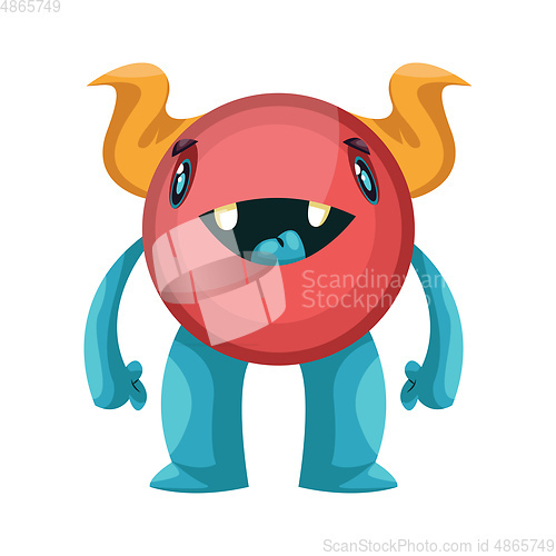 Image of Cute red  cartoon monster with blue legs and yellow horns white 