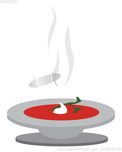 Image of Tomato soupe with soure creame and bassile in a white plate vect