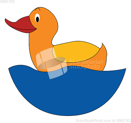 Image of Yellow smiling duck on blue water vector illustration on white b