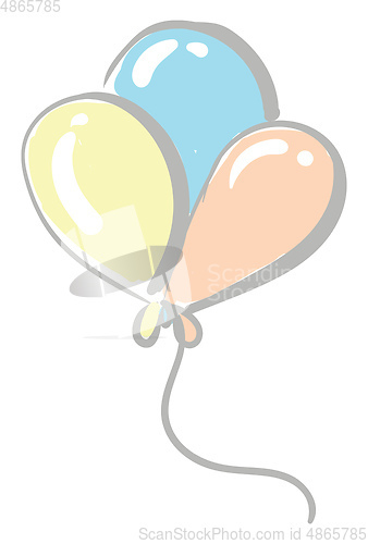Image of Three blue yellow and peach balloons tied together in a long str