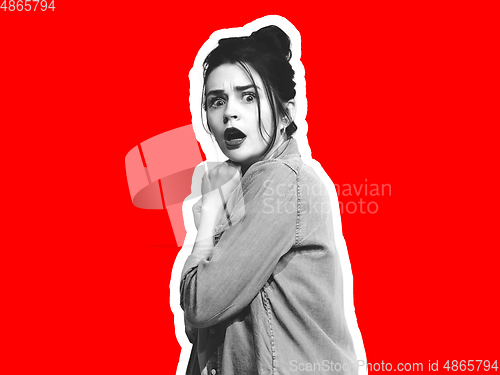 Image of Collage in magazine style with emotional woman in black and white contour on bright background with copyspace