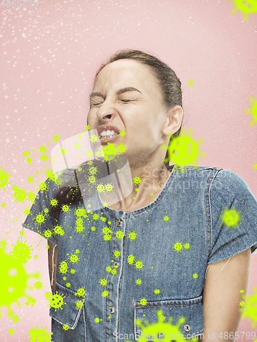 Image of Caucasian woman sneezing, illustration of virus spreading, stop epidemic of coronavirus