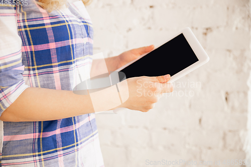 Image of Close up of caucasian female hands during working in office, studying