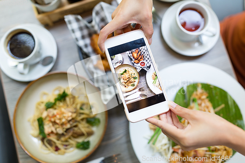 Image of Cellphone taking photo on food from top view