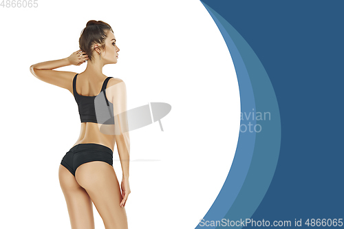 Image of Beautiful woman in underwear, design. Beauty, cosmetics, spa, depilation, treatment and fitness concept, sensual posing