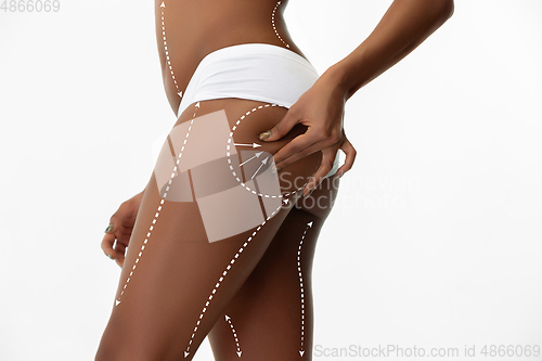 Image of Beautiful female legs and hips on white background. Beauty, cosmetics, spa, bodycare and lifting, correction surgery, fitness concept