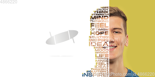 Image of Portrait of happy and inspired man with lettering hope, idea, solution, mind, flyer with copyspace