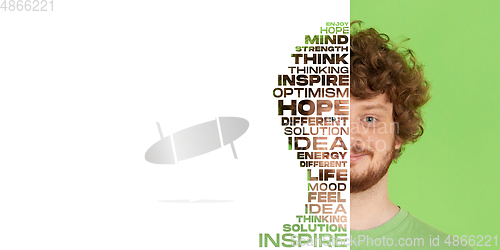 Image of Portrait of happy and inspired man with lettering hope, idea, solution, mind, flyer with copyspace