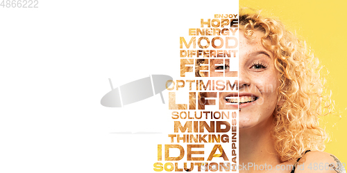 Image of Portrait of happy and inspired woman with lettering hope, idea, solution, mind, flyer with copyspace