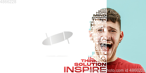 Image of Portrait of happy and inspired man with lettering hope, idea, solution, mind, flyer with copyspace