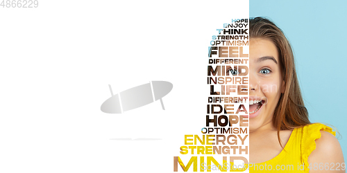 Image of Portrait of happy and inspired girl with lettering hope, idea, solution, mind, flyer with copyspace