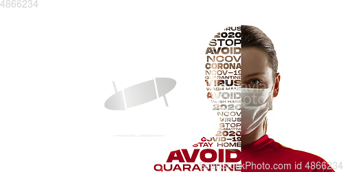 Image of Portrait of scared and stressed woman with lettering avoid, wash hands, quarantine, flyer with copyspace, COVID fighting