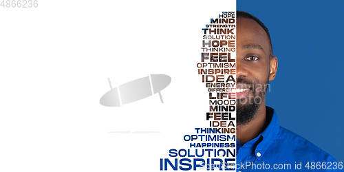 Image of Portrait of happy and inspired man with lettering hope, idea, solution, mind, flyer with copyspace