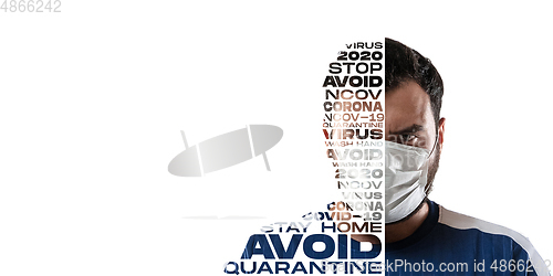Image of Portrait of scared and stressed man with lettering avoid, wash hands, quarantine, flyer with copyspace, COVID fighting