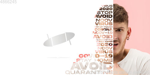 Image of Portrait of scared and stressed man with lettering avoid, wash hands, quarantine, flyer with copyspace, COVID fighting