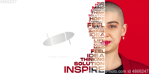 Image of Portrait of happy and inspired woman with lettering hope, idea, solution, mind, flyer with copyspace