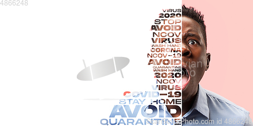 Image of Portrait of scared and stressed man with lettering avoid, wash hands, quarantine, flyer with copyspace, COVID fighting