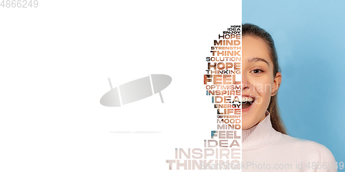 Image of Portrait of happy and inspired girl with lettering hope, idea, solution, mind, flyer with copyspace