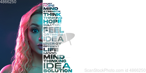 Image of Portrait of happy and inspired woman with lettering hope, idea, solution, mind, flyer with copyspace