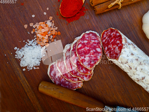 Image of traditional Italian salame cured sausage sliced on a wood board