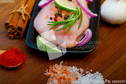 Image of fresh organic chicken breast with herbs and spices