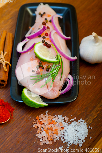 Image of fresh organic chicken breast with herbs and spices