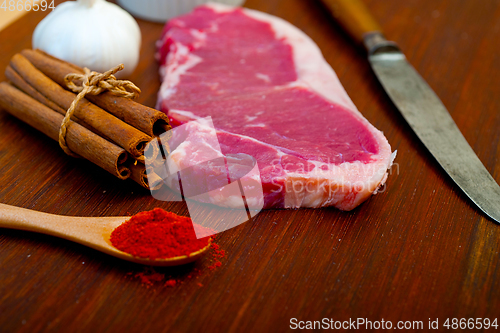 Image of raw uncooked  ribeye beef steak butcher selection