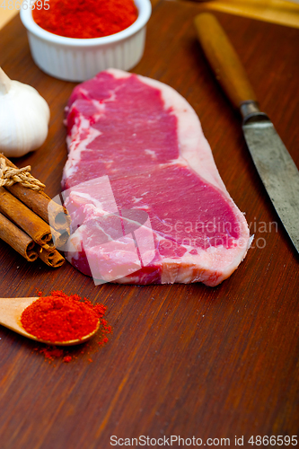 Image of raw uncooked  ribeye beef steak butcher selection