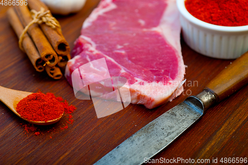 Image of raw uncooked  ribeye beef steak butcher selection