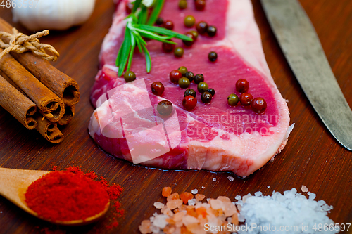 Image of raw uncooked  ribeye beef steak butcher selection