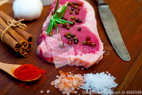 Image of raw uncooked  ribeye beef steak butcher selection