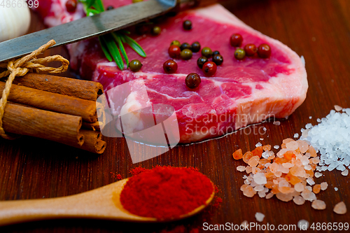 Image of raw uncooked  ribeye beef steak butcher selection