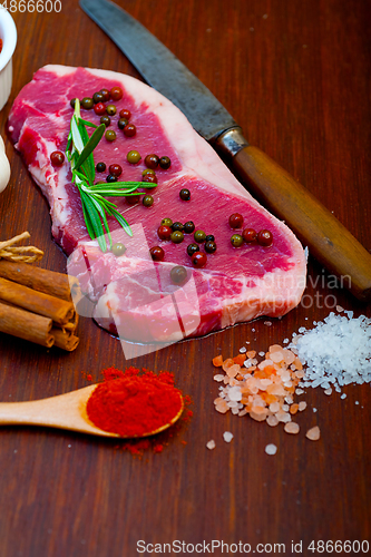 Image of raw uncooked  ribeye beef steak butcher selection