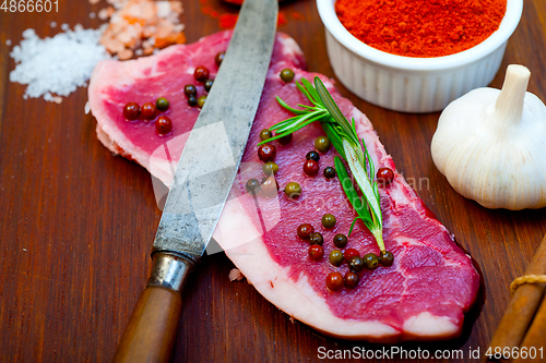 Image of raw uncooked  ribeye beef steak butcher selection