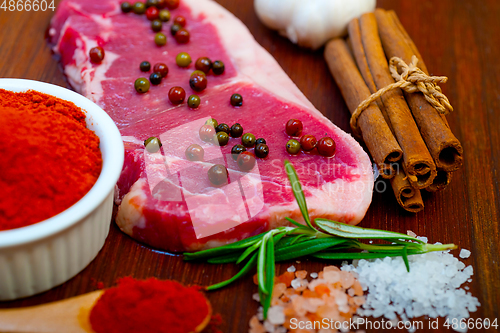 Image of raw uncooked  ribeye beef steak butcher selection