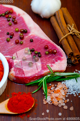 Image of raw uncooked  ribeye beef steak butcher selection