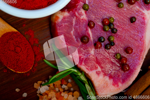 Image of raw uncooked  ribeye beef steak butcher selection