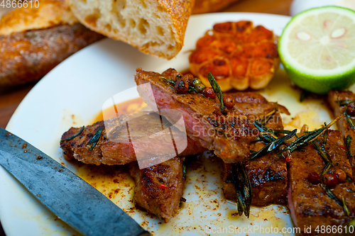 Image of roasted grilled ribeye beef steak butcher selection