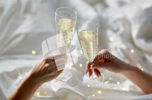 Image of close up of lesbian couple with champagne glasses