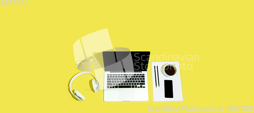 Image of Gadgets, devices on top view, blank screen with copyspace, minimalistic style, flyer