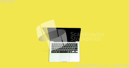 Image of Gadget, device on top view, blank screen with copyspace, minimalistic style, flyer