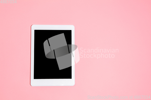 Image of Gadgets, device on top view, blank screen with copyspace, minimalistic style