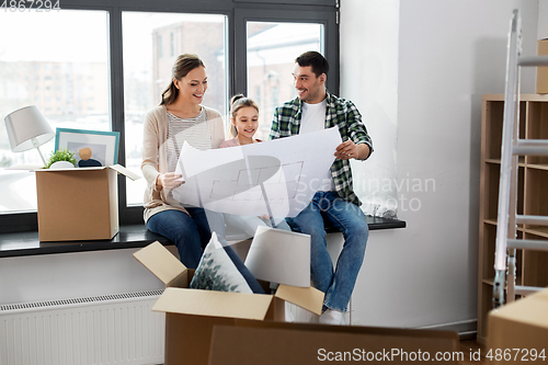 Image of happy family with blueprint moving to new home