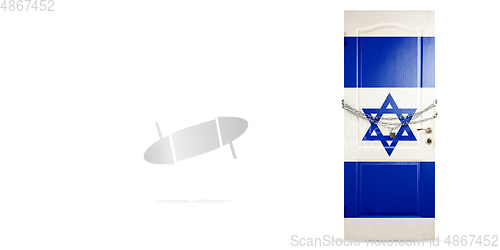 Image of Door colored in Israel flag, locking with chain. Countries lockdown during coronavirus, COVID spreading