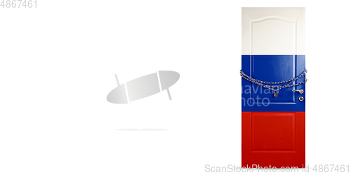 Image of Door colored in Russia flag, locking with chain. Countries lockdown during coronavirus, COVID spreading